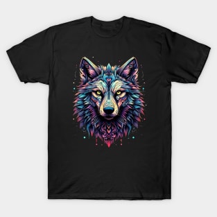 A Blue, Teal, Pink, Yellow And Purple Wolf T-Shirt